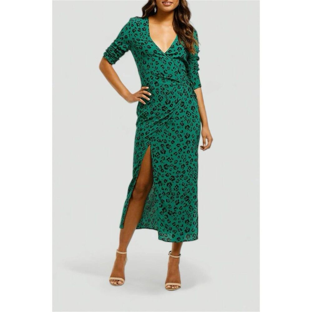 Suboo Leopard Lights Maxi Wrap Dress in Green Leopard Print Deep V-Neck Slit